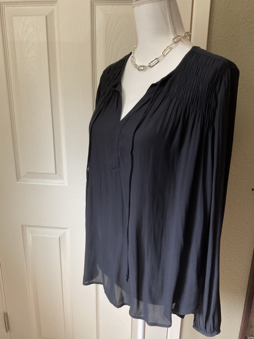 Black Smocked Yoke V-Neck Long-Sleeve Women's Blouse
